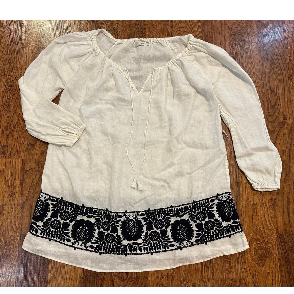 J.Crew Embroidered Linen Tie Neck Beach Tunic White Blue Women’s Approx XL Boho